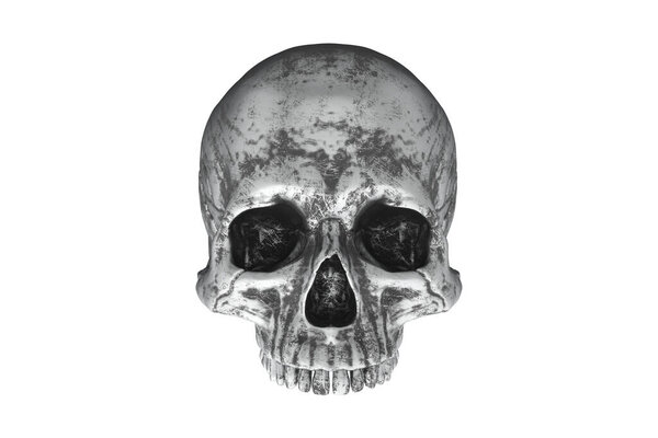 Изолированный серебряный оловянный пиратский череп получереп на белом фоне. Нет челюсти. Хэллоуин и день мертвых.
