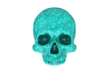 İzole edilmiş turkuaz mavi deniz mavisi kafatası beyaz arka planda yarım kafatası. Çenesi yok. Cadılar Bayramı ve Ölülerin Günü.