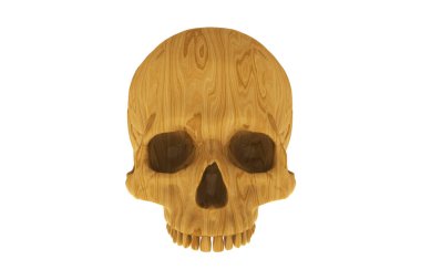 İzole ahşap dokusu beyaz arka planda kafatasının yarısı oyulmuş. Çenesi yok. Cadılar Bayramı ve Ölülerin Günü.