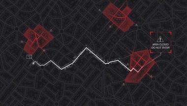 GPS haritası, ev sahibi. Kapalı alan, bölge, yol. Şehrin yukarıdan detaylı görüntüsü. Şehir manzarası. Kırmızı İşaret