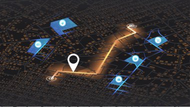 Şehrin yukarıdan detaylı görüntüsü. İzometrik şehir manzarası. Harita binalarının üstünden bak. GPS haritası. Dekoratif