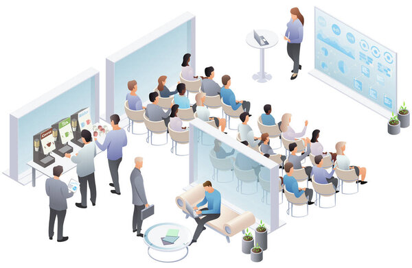 Business conference, presentation, speech. Teamwork set with business presentation conference coworking workplace brainstorming and discussion isolated. Indicators and schedules process, coaching. Meeting in conference hall. Vector isometric, 3d, ill