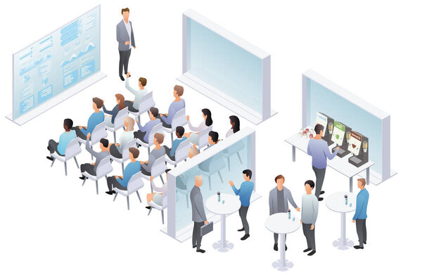 Performance trebune, presentation, speech. Teamwork set with business presentation conference coworking workplace brainstorming and discussion isolated. Indicators and schedules process, coaching. Meeting in conference hall. Vector isometric, 3d, ill
