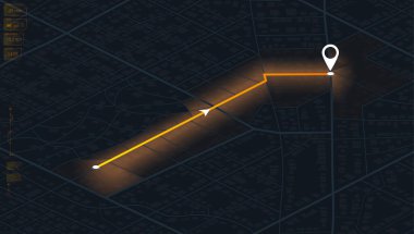 Şehir haritası navigasyon arayüzü olan gösterge paneli. Konum izleri torpido gözünde. Şehir yolu. Şehir sokakları ve bloklar, yol verileri, yol dönüşleri ve hedef etiketi veya işareti. Büyük şehir manzarası. Isometric