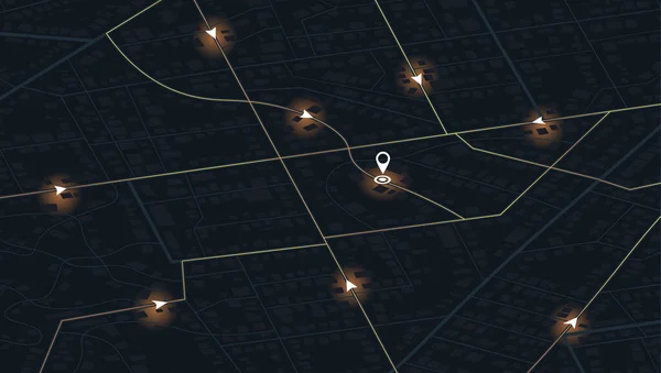 Gezgin haritalama teknolojisi GPS izleme haritası, şehrin sokaklarında hareketlilik ve nihai varış noktalarını gösteriyor. Şehrin detaylı manzarası. Dekoratif grafik turist haritası. Soyut ulaşım geçmişi. Vektör, illüstrasyon, izometrik