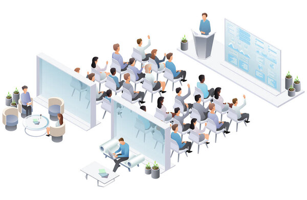Business conference, presentation, speech. Presentation conference coworking workplace brainstorming and discussion isolated. Indicators and schedules process, coaching. Meeting in conference hall. Vector isometric, 3d, illustration.