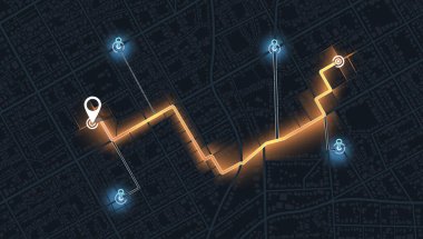 3D veri göstergesi. Şehir otoyolu planı. Pin konumu işaretleri. Basit, şirin bir tasarım. GPS haritası. Dekoratif grafik turist haritası. Çeyrek konut binaları. Vektör, çizim. Soyut ulaşım arkaplanı.