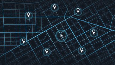 Şehrin yukarıdan detaylı görüntüsü. Şehir manzarası. Harita binalarının üstünden bak. GPS haritası. Dekoratif grafik turist haritası. Çeyrek konut binaları. Vektör, çizim. Soyut ulaşım arkaplanı.