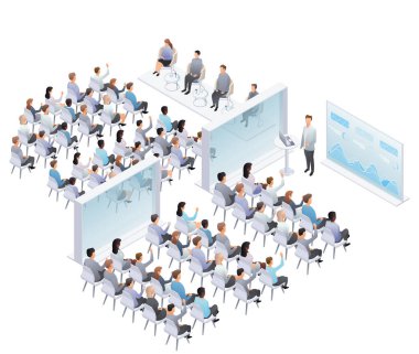 İş eğitimi ya da kurs konsepti. İş konferansı, sunum, konuşma. Web afişi, bilgi grafikleri, kahraman resimleri için kullanılabilir. Düz izometrik vektör çizimi beyaz arkaplanda izole edildi. Vektör izometrik, 3d, illüstrasyon.