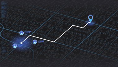 Gelecekçi Rota Kontrol Paneli GPS Harita İzleme: Navigasyon ve İzleme Yöntemleri için son teknoloji. Gerçek zamanlı Güncellemeler, Etkileşimli Özellikler ve Geleceğin Tasarımı. Mobil Uygulamalar, Web siteleri ve Infographics için ideal. Vektör İllüstrasyonu.