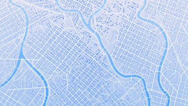 Mavi şehir alanı, arka plan haritası, sokaklar. Şehir manzarası. Haritanın üstünden bak. Skyline şehir panoraması. Harita çizimi. Geniş ekran, dijital düz dizayn sokak haritası. Vektör