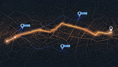 Harita mobil uygulama planlama seyahati. İzometrik harita. Yer belirleme sistemiyle alternatif bir yol. Şehir haritası rotası, konum simgeleri