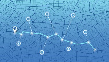 Şehir caddesi yolu üzerinde hedef etiketi ya da işareti var. Otoparkta hızlı şarj aleti olan elektrikli araba şarj istasyonu.