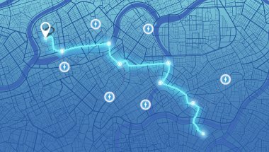 Şehir caddesi yolu üzerinde hedef etiketi ya da işareti var. Otoparkta hızlı şarj aleti olan elektrikli araba şarj istasyonu.