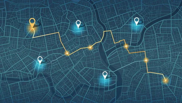 Şehir yolu. Şehir sokakları ve bloklar, yol verileri, yol dönüşleri ve hedef etiketi veya işareti. Büyük şehir tepesi.