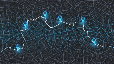 GPS haritası. Şehir yolu. Soyut ulaşım. Şehir manzarası. Yüksek teknoloji vektör geçmişi. rota verileri, yol dönüşleri ve hedef etiketi veya işareti. Çeyrek konut binaları. Vektör