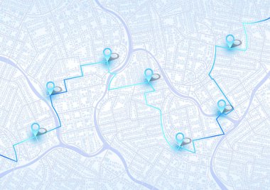GPS haritası. Şehir yolu. Soyut ulaşım. Şehir manzarası. Yüksek teknoloji vektör geçmişi. rota verileri, yol dönüşleri ve hedef etiketi veya işareti. Çeyrek konut binaları. Vektör çizimi izole edildi.