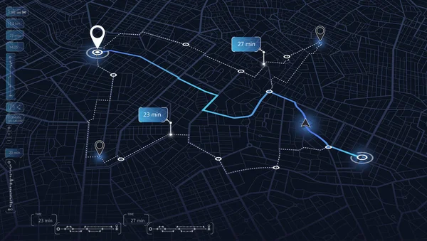 Şehir yolu. Şehir sokakları ve bloklar, yol verileri, yol dönüşleri ve hedef etiketi veya işareti. Büyük şehir manzarası. Konum izleri torpido gözünde. Vektör, çizim. Soyut ulaşım arkaplanı.