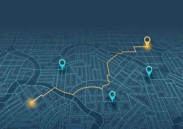 Şehir yolu. Şehir sokakları ve bloklar, yol verileri, yol dönüşleri ve hedef etiketi veya işareti. Büyük şehir manzarası. Konum izleri torpido gözünde. Vektör, çizim. Soyut ulaşım arkaplanı.