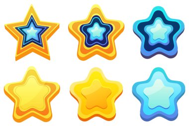 Müşteri değerlendirmesi geri bildirim konsepti. Bir dizi altın yıldız. Altı yıldız, parlak sarı ve mavi renkler. Müşteriler web sitesi çalışanları hakkında not veriyor. Objenin gerçekçi tasarımı. Mobil uygulamalar için. Vektör çizimi izole edildi.