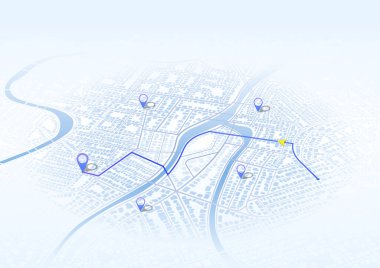 Isometric GPS haritası ev sahibi. Harita binalarının üstünden görüntüle. Şehrin yukarıdan detaylı görüntüsü. Şehir manzarası. Soyut arkaplan. Dekoratif grafik turist haritası. Çeyrek konut binaları. Basit, şirin bir tasarım. Düz biçim, Vektör, 