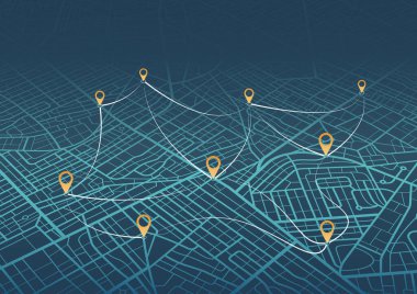 Harita boyunca ana yol. Uzaklık ve dönüş yolları hakkında veri toplamak için Isometric Navigation haritalama teknolojisi. Bir noktadan hedefe giden yol, pek çok hedef, işaretler. Şehir sokakları ve bloklar, yol verileri, yol dönüşleri ve