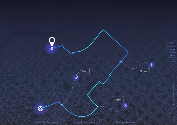 Harita boyunca ana yol. Yol ve dönüşler hakkında veri toplamak için navigasyon haritalama teknolojisi. Bir noktadan hedefe giden yol, pek çok hedef, işaretler. Şehir sokakları ve bloklar, güzergah verileri, yol dönüşleri ve varış noktaları