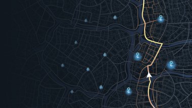 Şehir yolu. Şehir sokakları ve bloklar, yol verileri, yol dönüşleri ve hedef etiketi veya işareti. Büyük şehir manzarası. Konum izleri torpido gözünde. Vektör, çizim. Soyut ulaşım arkaplanı.