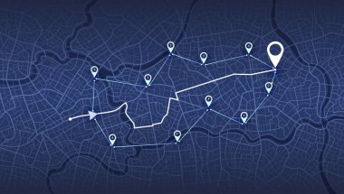 Otoparktaki konum şarj istasyonu ve hızlı süperşarj istasyonu. Yol dönüşleri ve hedef etiketi veya işareti. Devasa bir izometrik şehir manzarası. Siyah arka plan vektöründen güzergah ve rota planlama. elektrik için pil şarj hizmeti