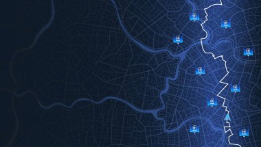 Otoparktaki konum şarj istasyonu ve hızlı süperşarj istasyonu. Yol dönüşleri ve hedef etiketi veya işareti. Devasa bir izometrik şehir manzarası. Siyah arka plan vektöründen güzergah ve rota planlama. elektrik için pil şarj hizmeti