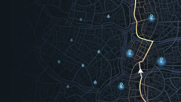Şehir yolu. Şehir sokakları ve bloklar, yol verileri, yol dönüşleri ve hedef etiketi veya işareti. Büyük şehir manzarası. Konum izleri torpido gözünde. Vektör, çizim. Soyut ulaşım arkaplanı.