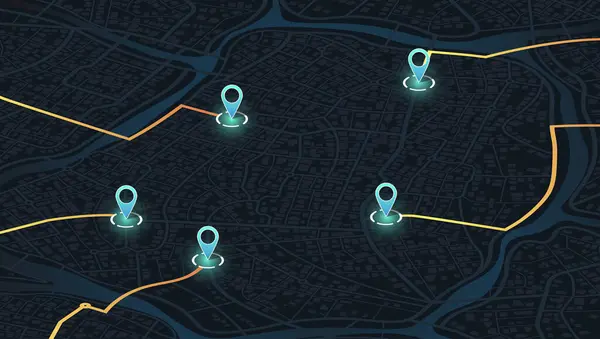 Harita boyunca ana yol. Uzaklık ve dönüş yolları hakkında veri toplamak için Isometric Navigation haritalama teknolojisi. Bir noktadan hedefe giden yol, pek çok hedef, işaretler. Şehir sokakları ve bloklar, yol verileri, yol dönüşleri ve