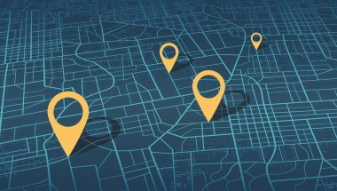 Kendi evine giden Isometric GPS haritası. Şehrin yukarıdan detaylı görüntüsü. Şehir manzarası. Soyut arkaplan. Dekoratif grafik turist haritası. Çeyrek konut binaları. Vektör, resimleme izole edildi.