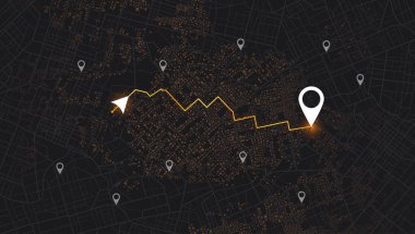GPS iğneli soyut harita şehri. Navigasyon için yön işaretleri. Sokak, yol, şehir planında nehir. Birlikte arkaplan