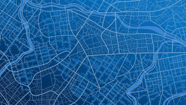 Mavi şehir alanı, arka plan haritası, sokaklar. Şehir manzarası. Haritanın üstünden bak. Skyline şehir panoraması. Haritacılık