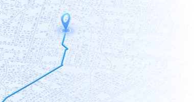 Uydu, konum ve yol haritalı gösterge paneli. Modern şehirde büyük veriler. Geleceğin GPS haritası navigasyon sistemi, yön yolu. Harita binalarının üstünden bak. Vektör çizimi. Soyut ulaşım arkaplanı, sokak haritası.