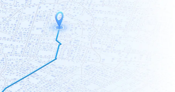 Uydu, konum ve yol haritalı gösterge paneli. Modern şehirde büyük veriler. Geleceğin GPS haritası navigasyon sistemi, yön yolu. Harita binalarının üstünden bak. Vektör çizimi. Soyut ulaşım arkaplanı, sokak haritası.