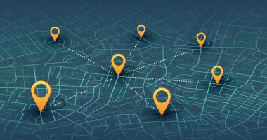 Çoklu varış yerleri, izometrik. GPS takip haritası. Yol haritalarındaki pimleri takip et, haritalama teknolojisini yönlendir ve konumunu belirle. Geleceksel seyahat GPS haritası veya konum navigatör vektör çizimi