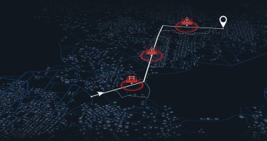 Güzergahın haritası, rotanın uzaklığı ve dönüşleri. Kapalı alanlar ve yollar. Engellenmiş caddelerin olduğu soyut bir harita, patikanın bazı kısımlarını çitle kapatmış. Yukarıdan büyük bir şehir manzarası. Sokaklar, mahalleler, caddeler boyunca yollar. Vektör