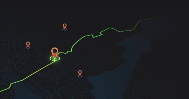 Navigasyon için uydu, konum ve yol haritası olan bir panel. Modern şehirde büyük veriler. Soyut şehir haritası. Geleceğin GPS haritası navigasyon sistemi, yön yolu. Harita binalarının üstünden bak. Vektör illüstrasyonu