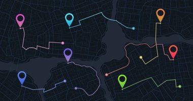 Çoklu varış yerleri, izometrik. GPS takip haritası. Yol haritalarındaki pimleri takip et, haritalama teknolojisini yönlendir ve konumunu belirle. Geleceksel seyahat GPS haritası veya konum navigatör vektör çizimi