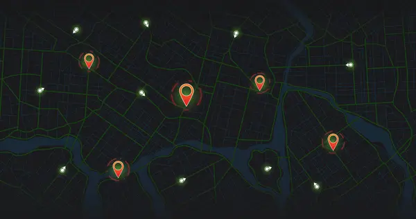 GPS takip haritası. Yol haritalarındaki pimleri takip et, haritalama teknolojisini yönlendir ve konumunu belirle. Futuristik seyahat GPS haritası veya konum navigatör vektör çizimi. Büyük şehir manzarası. Sokaklar ve bloklar, caddelerde hareket için rota