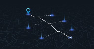 Navigasyon için uydu, konum ve yol haritası olan bir panel. Modern şehirde büyük veriler. Soyut şehir haritası. Geleceğin GPS haritası navigasyon sistemi, yön yolu. Harita binalarının üstünden bak. Vektör illüstrasyonu