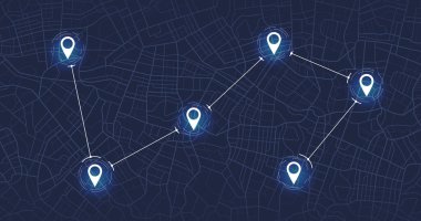 Çoklu varış yerleri, izometrik. GPS takip haritası. Yol haritalarındaki pimleri takip et, haritalama teknolojisini yönlendir ve konumunu belirle. Geleceksel seyahat GPS haritası veya konum navigatör vektör çizimi