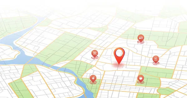 Çoklu varış yerleri, izometrik. GPS takip haritası. Yol haritalarındaki pimleri takip et, haritalama teknolojisini yönlendir ve konumunu belirle. Geleceksel seyahat GPS haritası veya konum navigatör vektör çizimi