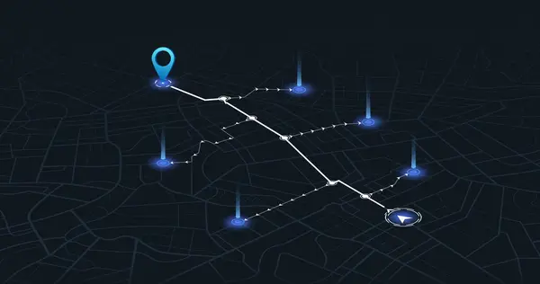 Navigasyon için uydu, konum ve yol haritası olan bir panel. Modern şehirde büyük veriler. Soyut şehir haritası. Geleceğin GPS haritası navigasyon sistemi, yön yolu. Harita binalarının üstünden bak. Vektör illüstrasyonu