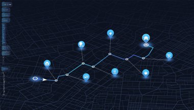 POI ile soyut ulaşım geçmişi. Ulaşım tasarımları, web siteleri ve promosyon malzemeleri için ideal. Tesisler, benzin istasyonları, parklar, restoranlar. Sokaklar, bloklar, caddelerde hareket için güzergah.