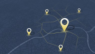 Çoklu varış yerleri, izometrik. GPS takip haritası. Yol haritalarındaki pimleri takip et, haritalama teknolojisini yönlendir ve konumunu belirle. Geleceksel seyahat GPS haritası veya konum navigatör vektör çizimi