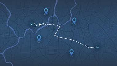 Çoklu varış yerleri, izometrik. GPS takip haritası. Yol haritalarındaki pimleri takip et, haritalama teknolojisini yönlendir ve konumunu belirle. Geleceksel seyahat GPS haritası veya konum navigatör vektör çizimi