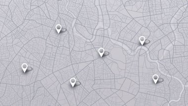 GPS takip haritası. Yol haritalarındaki pimleri takip et, haritalama teknolojisini yönlendir ve konumunu belirle. Futuristik seyahat GPS haritası veya konum navigatör vektör çizimi. Büyük şehir manzarası. Sokaklar ve bloklar, caddelerde hareket için rota